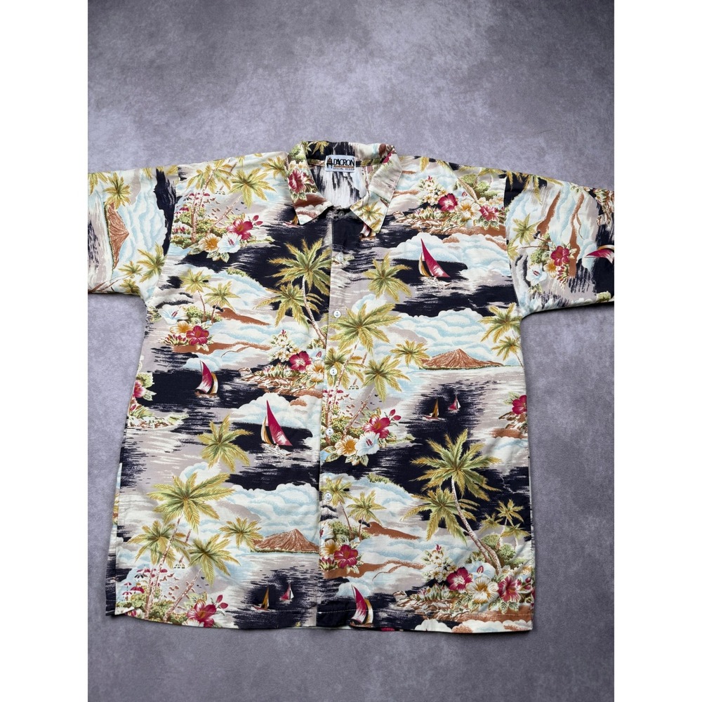VTG Dacron Special Design Mens L* Tropical Hawaiian Shirt Palm Sailboat Camp